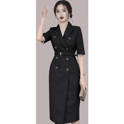 Summer Dress Office Ladies Elegant Vintage Black Suit Women Dresses Bodycon Bandage OL Sundress Party Sexy Belt Korean Clothes