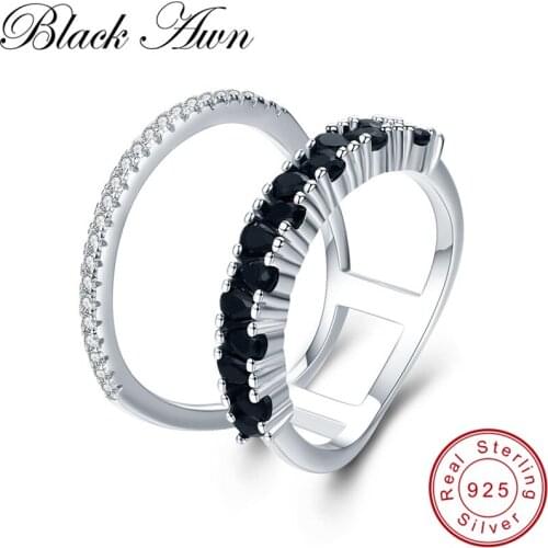 [BLACK AWN] Real 925 Sterling Silver Ring Black Spinel Silver 925 Jewelry Hollow Engagement Rings for Women G023