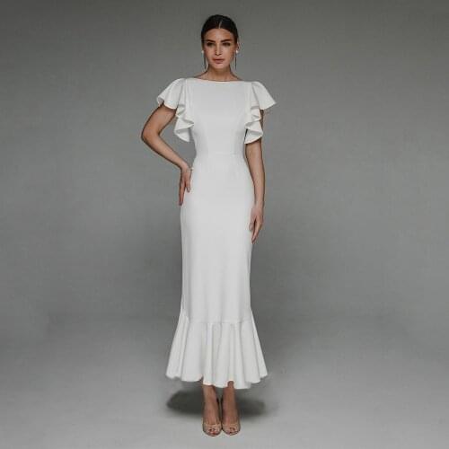 Straight Wedding Dress Simple White Slim Ankle Length Engagement Party Backless Criss Cross O Neck Sheath Bridal Gown For Woman