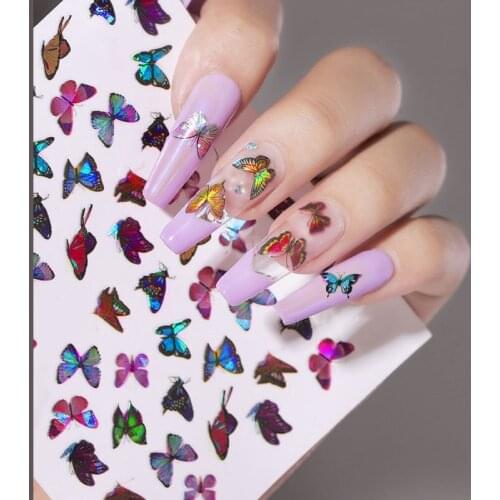 1 Sheet Laser Butterfly Sticker For Nails Adhesive Sliders 3D Back Glue Colorful Nail Art Transfer Decals Foils DIY Decorations