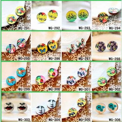 10PCS WG-291-306 No holes 3D Embossed 16mm Round Coloured Drawing pattern Laser Cut wood Cabochon DIY for Earring Button