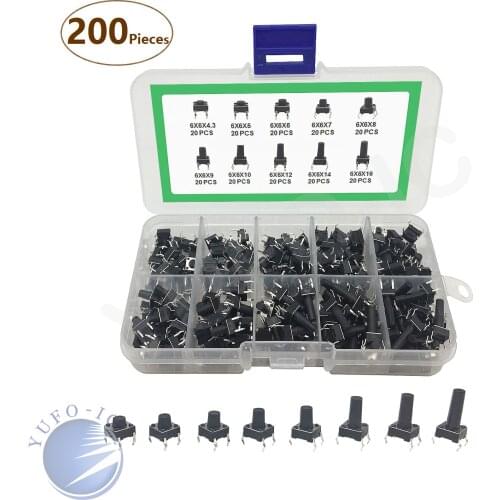 10value*20pc=200pc 6*6*4.3/5/6/7/8/9/10/12/14//16mm height Press Switch Box 6x6mm Assortment micro touch button switch kit