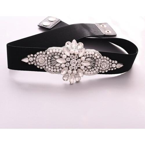 100% Handmade Fashion Rhinestone Elastic Belt Sparkly Crystal Gem Black Female Waistband Women Belts Elastic Sash For Dress