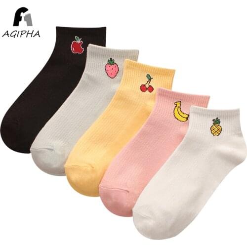 5 Pairs/lot Women Ankle Socks Cute Fruit Number Letter Love Striped Pattern Cotton Casual Female Short Socks 2019 Hot Selling