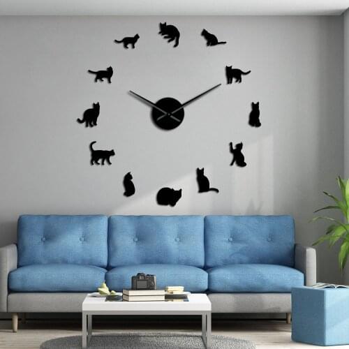 Frameless Cats Silhouette Wall Art Clock Watch Kittens 3D DIY Wall Clock Playful Cat Shape Big Needles Girl Room Kit Decoration