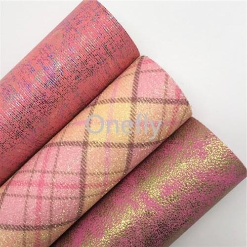 Onefly 21X29CM Tartan Printed Glitter Fabric, Metallic Synthetic Leather Sheets For Bow DIY handbags shoes AQ063