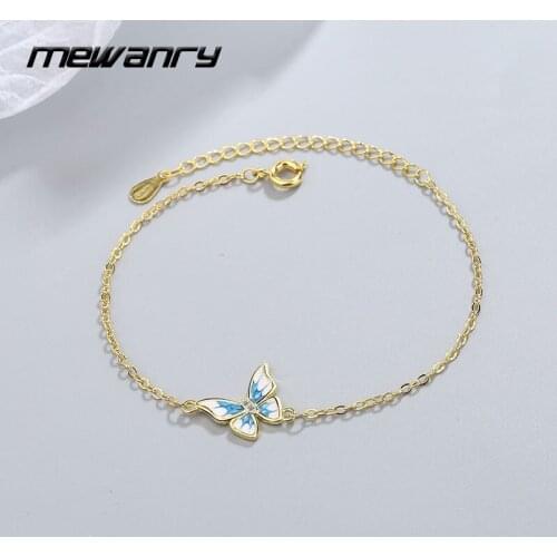 MEWANRY 925 Sterling Silver Bracelets for Women Summer New Trendy Elegant Creative Sparkling Zircon Blue Butterfly Bride Jewelry