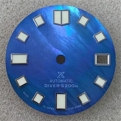 28.5MM Blue Shell Watch Dial for NH35/NH36/4R36 Watch Movement C3 Green Luminous Dial Replacement Part