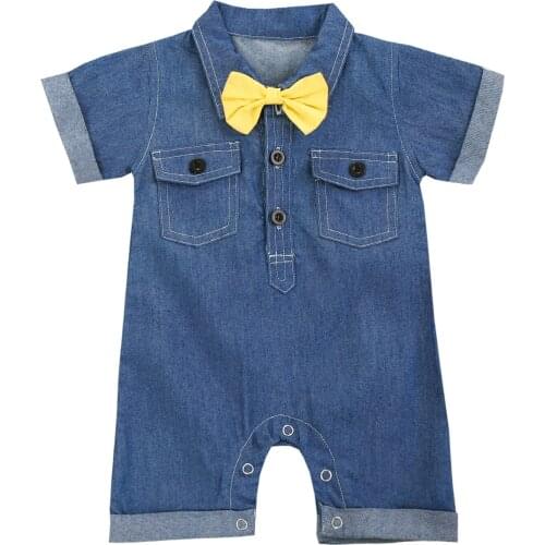 Baby Boys gentleman Romper Kids Blue Turn-Down Collar Short Sleeve Jumpsuit with Yellow Bow-Tie for Summer