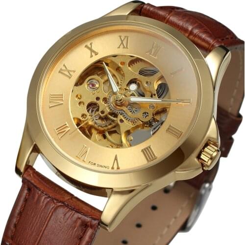 Forsining Brand Classic Retro Design Skeleton Golden Roman Number Brown Genuine Leather Men Mechanical Luxury Automatic Watches