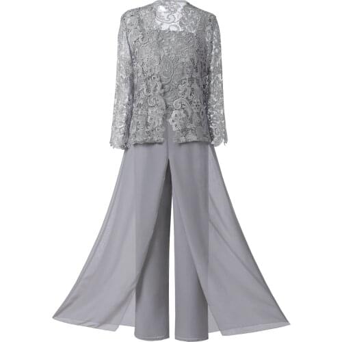 Lace Womens Suit 3 Pieces Mother Pantsuit Sets Elegant Solid Long Sleeves Dress With Jacket Female Plus Size For Wedding Party