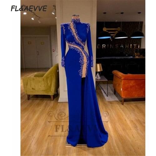 Royal Blue Evening Dress Mermaid 2021 Long Sleeves Elastic Satin Beads Lace Up Split Side Evening Prom Party Gowns