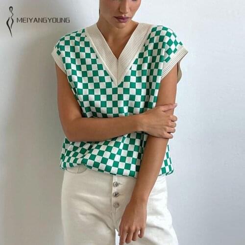 MEIYANGYOUNG Green Checkerboard Plaid Women Vest Sweater 2021 Knitted Loose Sweaters Vintage Waistcoat Oversized Sweater Tops