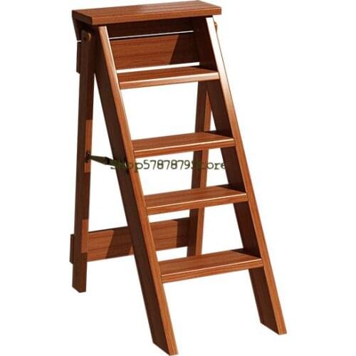 Solid Wood Multi-functional Foldable Five Step Ladder Indoor Household Miter Ladder Wood Simple Step Steps Save Space