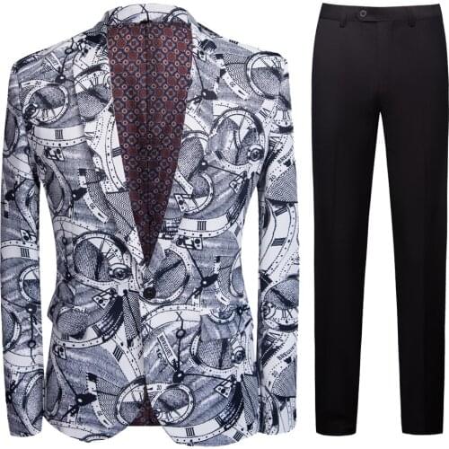 Mens Black And White Clock Printed Suit Men Slim Fit Suit Set Blazers Singer Costume Casual Night Party Bar Suit