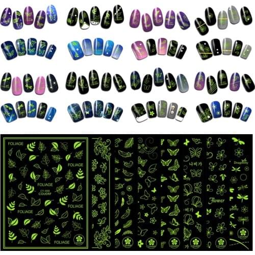 Nail-Art-Stickers Decal Halloween Party Luminous Adhesive 3D Leaf Flower Butterfly Flower Feather Manicure-Slider Decorations