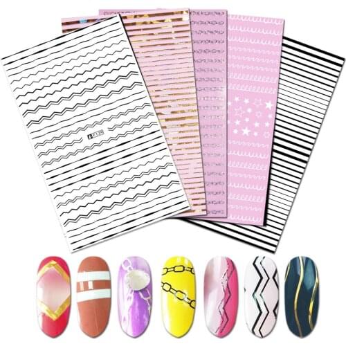 Nail Stickers Full F Series Nail Gold and Silver Black and White Geometric Lines 3D Sticker Decal Art Design Decorative Nails