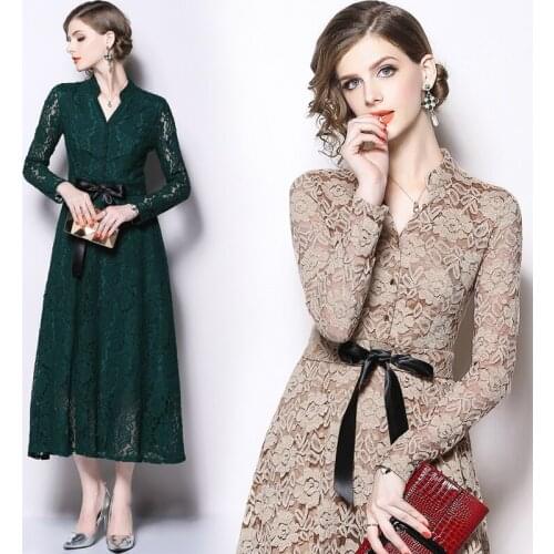 Solid Hollowed Lace Dress 2018 Autumn winter long dress women V-neck Long Sleeved elegant Dresses Vintage Vestidos Mujer
