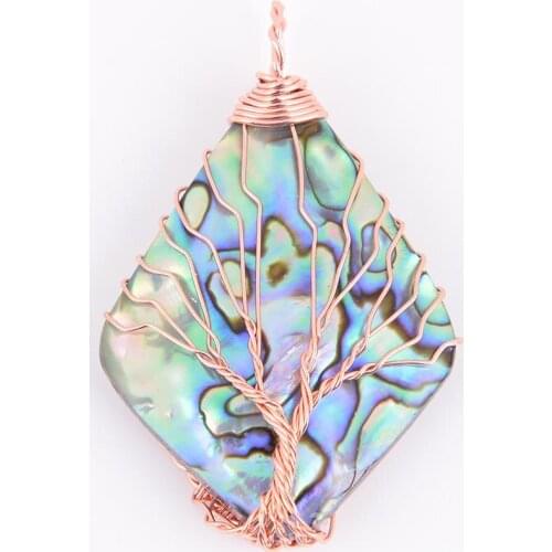 Natural Stone Rhombus Abalone Shell Pendant Protective Copper Line Wrapped Tree of Life Necklace for Women Fashion Jewelry D544