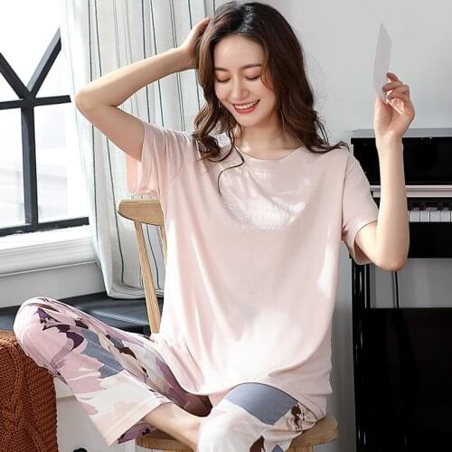 Newest Summer Modal Cotton Women Pajamas Set Round Neck Casual Plus Size M-4XL Female Pyjamas Short Sleeve Tops + Long Pants