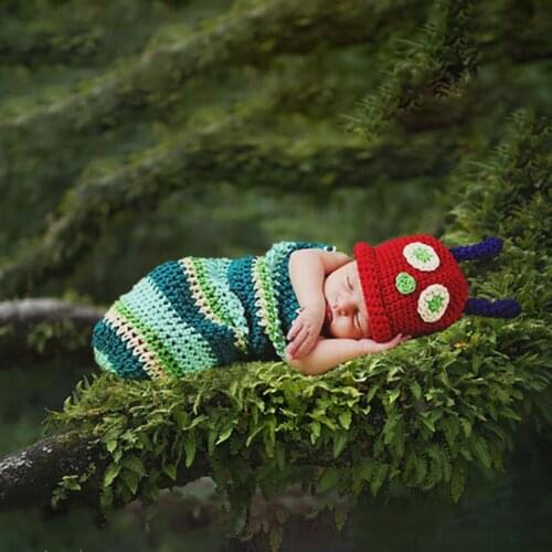 Newborn Photography Props Cartoon Animal Caterpillar Sleeping Bag Sleepwear Baby Costume Boy Girls Handmade Crochet Beanie Hat
