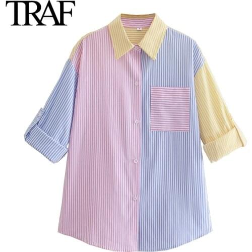 Traf Za Womens Clothing Striped Button Up Shirt Korean Fashion Loose Long Sleeve Blouse Chic Office Ladies Tops Mujer