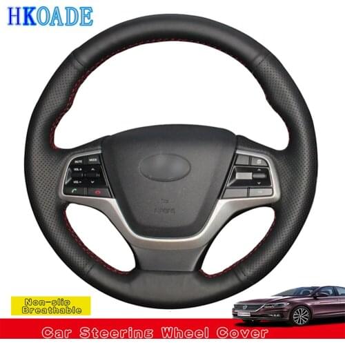 DIY Hand-stitched Black High Soft Leather Car Steering Wheel Cover For Hyundai Solaris 2017-2019 Accent Elantra 4 2016-2019
