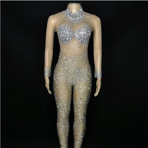 Sexy Shining Silver White Crystals Stones Bodysuit Costume Rhinestone Transparent Jumpsuit Birthday Wear Stretch Leggings