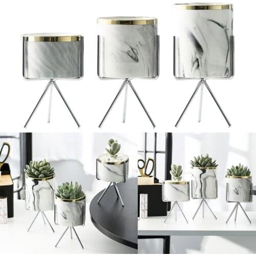 Succulent Plant Pot, Marble Pattern Ceramic Succulent Pots with Iron Frame
