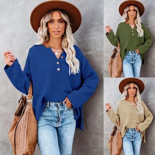 Bat sleeved sweater, long sleeved V-neck button sweater, autumn new star, the same womens casual loose solid color sweater