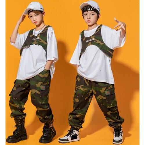 Hip-Hop Steet Dance Clothes Kids Camouflage Dancer Outfit Summer Stage Costume Rave Clothing Cargo Pants Concert Outfits DL8339