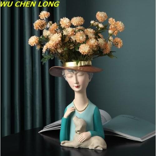 WU CHEN LONG Nordic Modern Girl Vase Art Sculpture Decoration Creative Resin Craft Luxurious Dried Flower Receptacle Decor R5706
