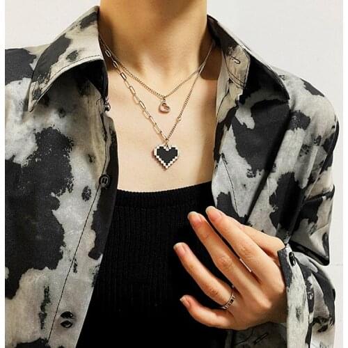 Ins Cubic Stacking 18K Gold Double Layered Link Chain Stainless Steel Black Mosaic Heart Pendant For Women Trendy Jewerly