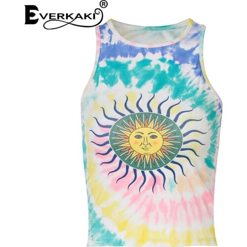 Everkaki Tie Dye Gypsy Sun Print Tank Tops Women T-shirt Summer Boho Retro Tees Sexy Streetwear Party Y2K Crop Tops Female 2021