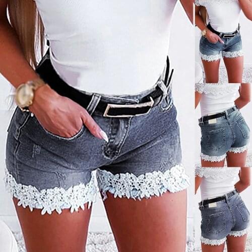Fahsion Women Stretch Lace Stitching Jeans Shorts Slim Denim Shorts Summer Ladies Casual Regular Short Шорты Женский 2021 #T2Q