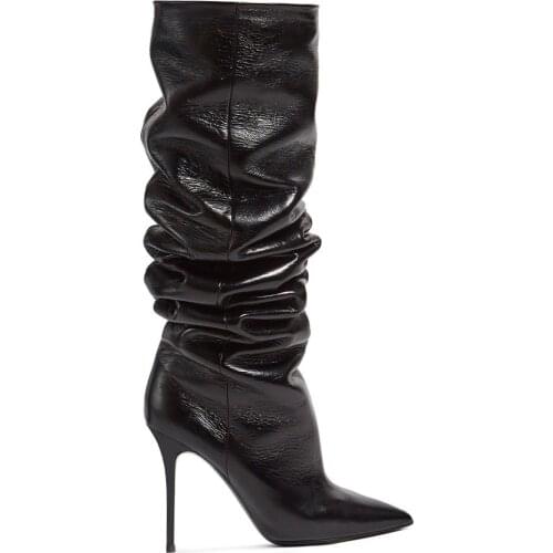 Womens Long Boot Black Pointed Toe Pleated Folds Thin Heels High Heel Knee High Boots Genuine Leather Shoes Woman Botas De Muje