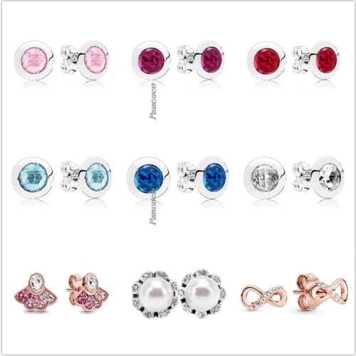 Original 925 Sterling Silver Blue & Pink Fan Earring With Crystal Stud Earrings For Women Wedding Gift Pandora Jewelry