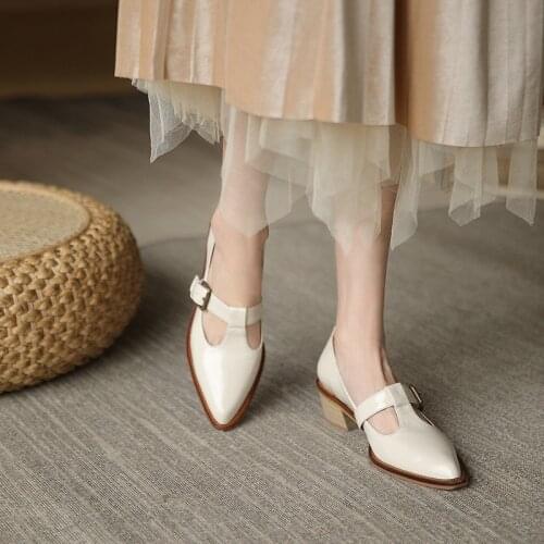 MORDOAN Genuine Leather Shoes Ladies Shoes Soft Feet Oxford Shoes Pointed Thick With Single Shoes Mid-Heel Mary Jane Shoes