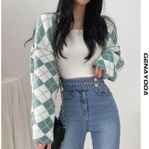 Genayooa Geometric Diamond Cardigan Women Knitted Sweater Open Stitch Vintage Long Sleeve Korean Cardigans Coat 2021 Winter