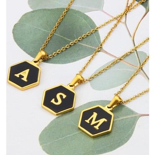 A-Z Initial Letter Pendant Necklace for Women Stainless Steel Gold Alphabet Hexagon Charm Chain Choker Jewelry Collier Femme