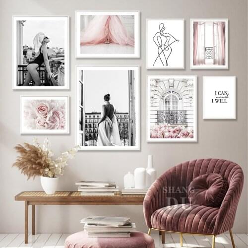 Woman on Paris Balcony Pink Dress Flowers Nordic Poster Line Wall Art Print Canvas Painting Decoration Pictures for Living Room
