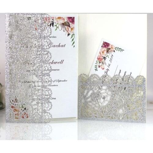 50pcs Flower Printing Silver Sprinkle Laser Cut Wedding Party Invitation with RSVP Card, Pocket Invite For Anniversary Business