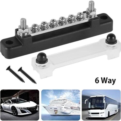 6 Way Solids Wiring Bus Bar And Cover Grounding Distribution Block Kit 12V Automobile Power Distribution Terminal