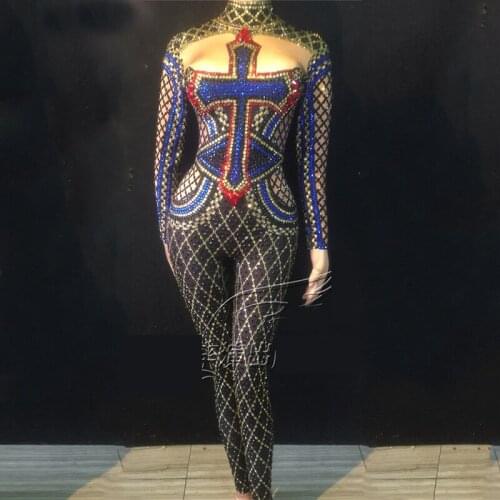 Bling Colorful Crystals Jumpsuit Sexy Nightclub Wear Full Rhinestones Jumpsuit Costume Prom Birthday Celebrate Outfit DWY1347