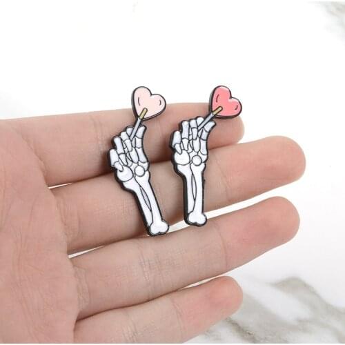 Halloween Skeleton Hand Cute Heart Lollipop We Eat Sweet Heart Gothic Vampire Friends Enamel Couple Brooches Pins
