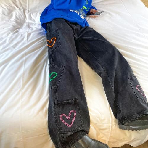 BlackHeart Print Fashion Jeans Girls Wide Leg Straight Pants Trousers Female Harajuku Jean Denim Bagge Cool Autumn Jeans Femme