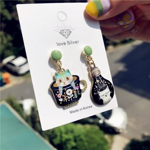 Bulb Cat Cup Cat Enamel Pendant New Ladies Earrings Cute Animal Pendant Golden Base Jewelry Asymmetric Earrings