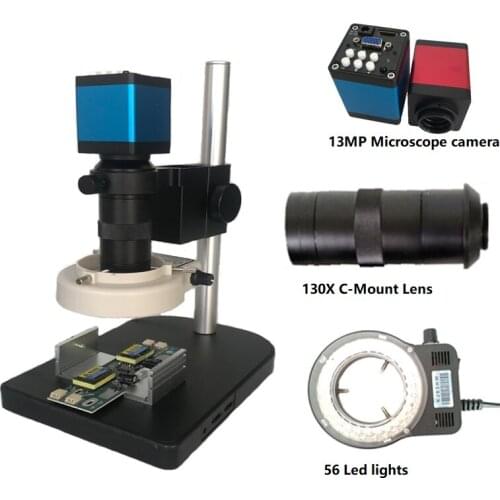 Remote control 13MP HDMI VGA Industrial Microscope Camera 8X-130X C-mount lens 56 led rings for PCB Lab Phone repairing tools