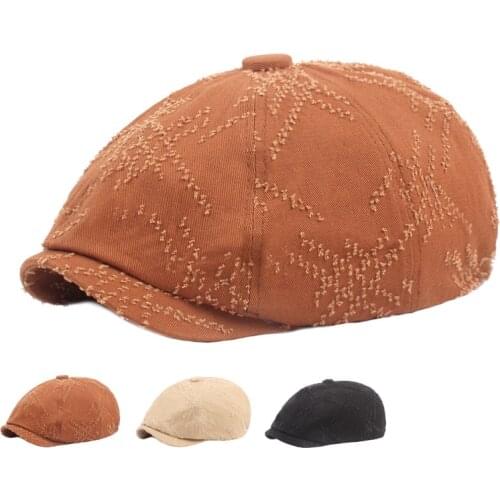 Mens Beret Distressed Hole Newsboy Hat European and American Hat Literary Youth Womens Hat Octagonal Hat