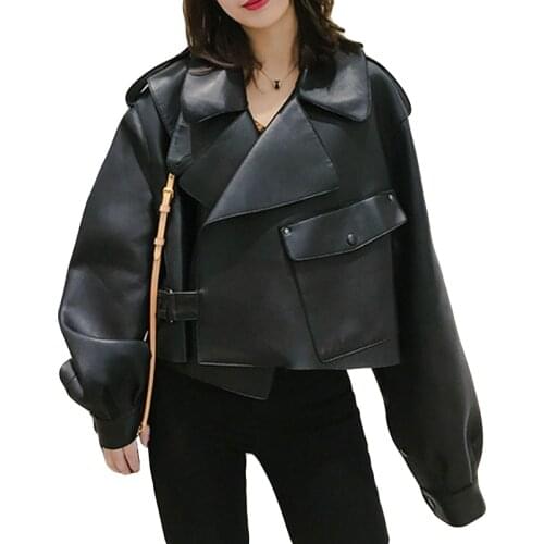 Ailegogo Women Faux Leather Jacket Soft Loose Vintage Biker Coat Short Pockets Motor PU Black Jacket Autumn Street Leather Coat